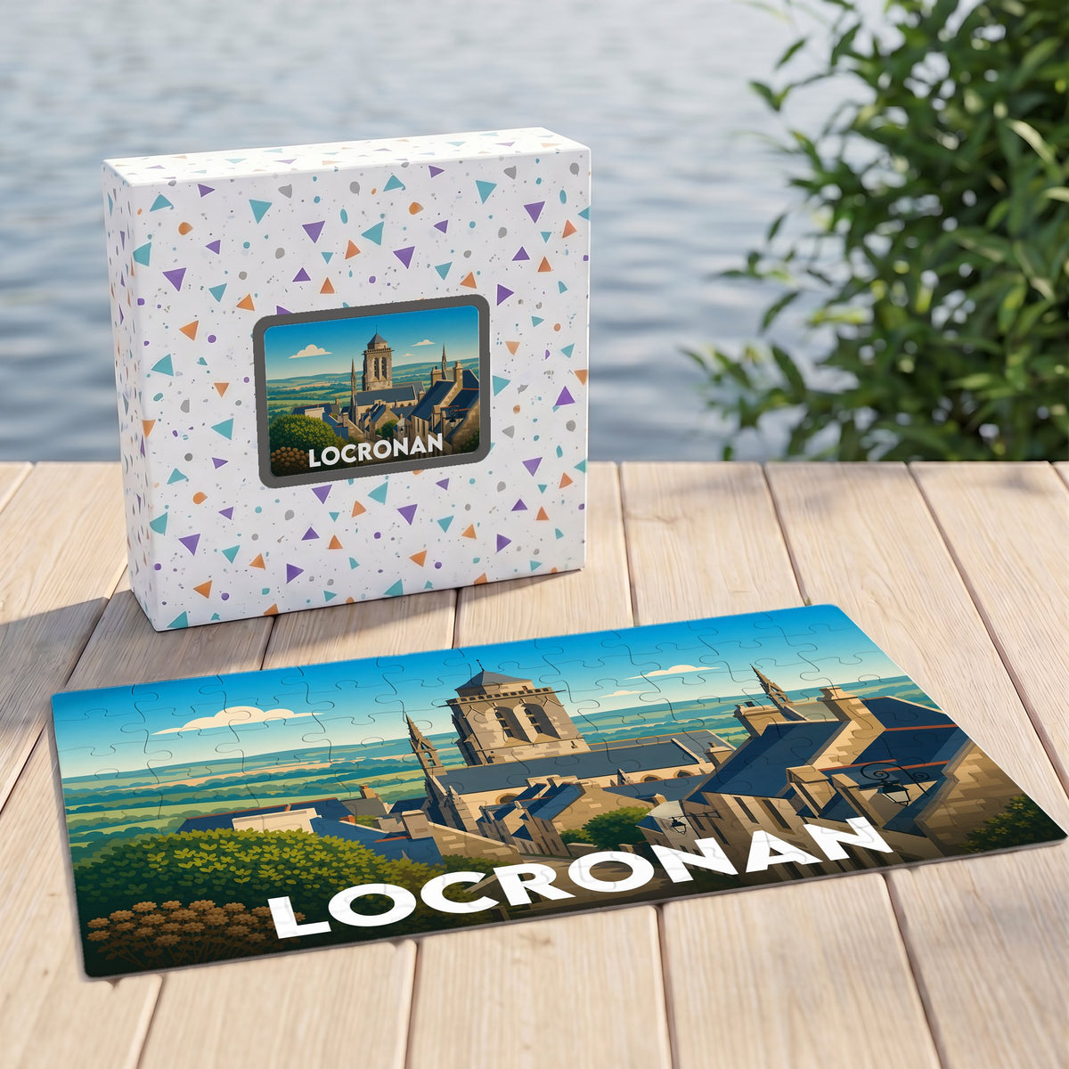Puzzle souvenir de la ville de Locronan avec une illustration stylisée et colorée.
