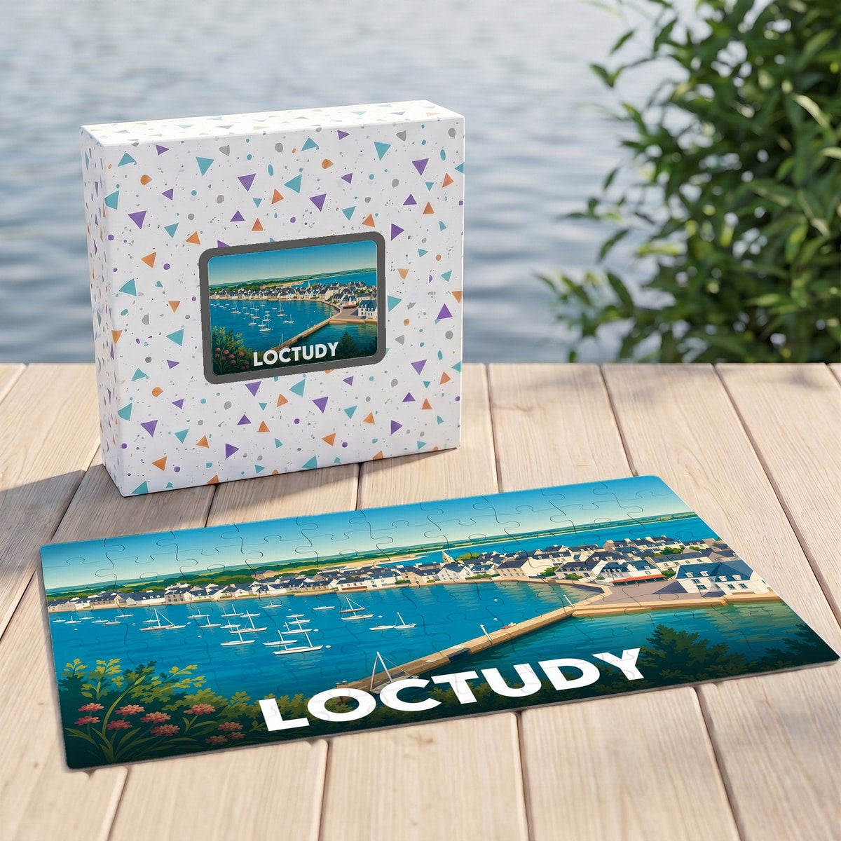 Puzzle souvenir de la ville de Loctudy avec une illustration stylisée de son port.