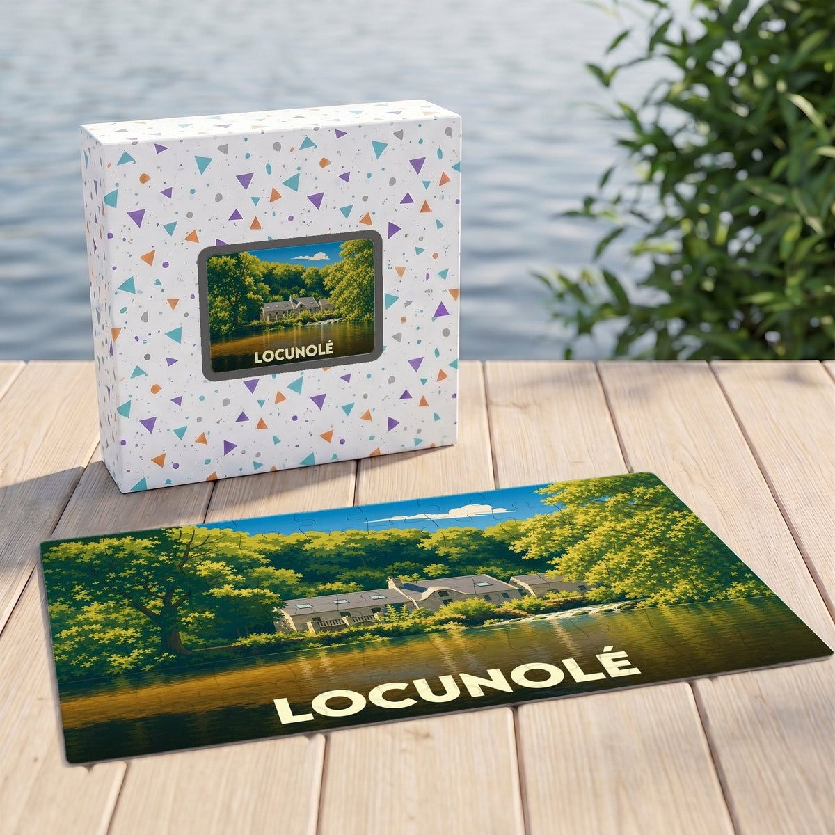 Puzzle souvenir de la ville de Locunolé avec une illustration stylisée d'un paysage arboré au bord de l'eau.