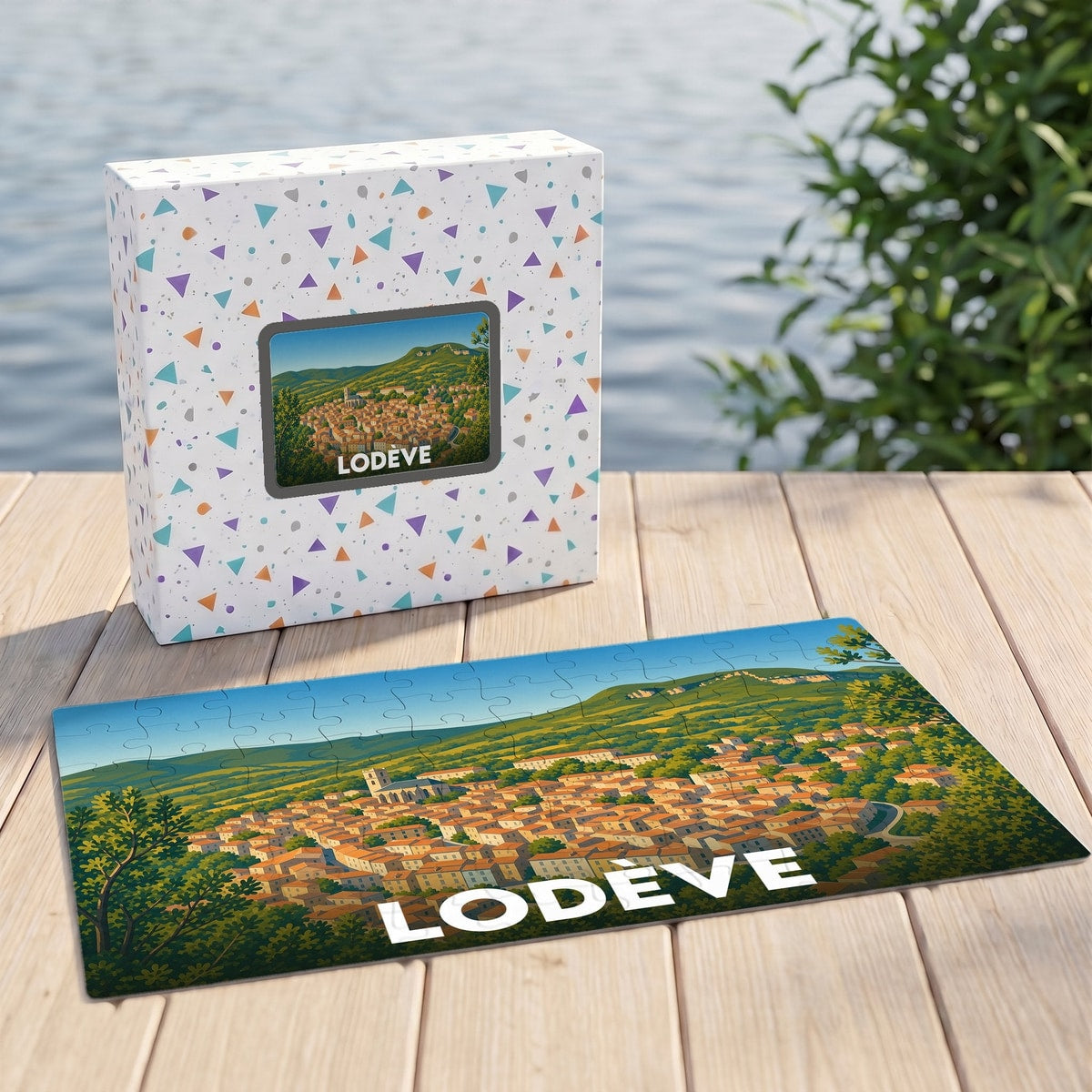 Puzzle souvenir de la ville de Lodève avec une illustration stylisée des toits de la commune et de ses collines environnantes.