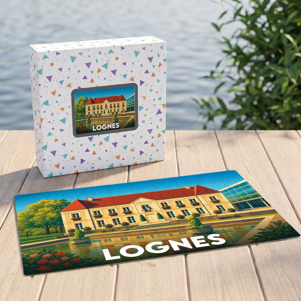 Puzzle souvenir de la ville de Lognes représentant son hôtel de ville avec une illustration stylisée.