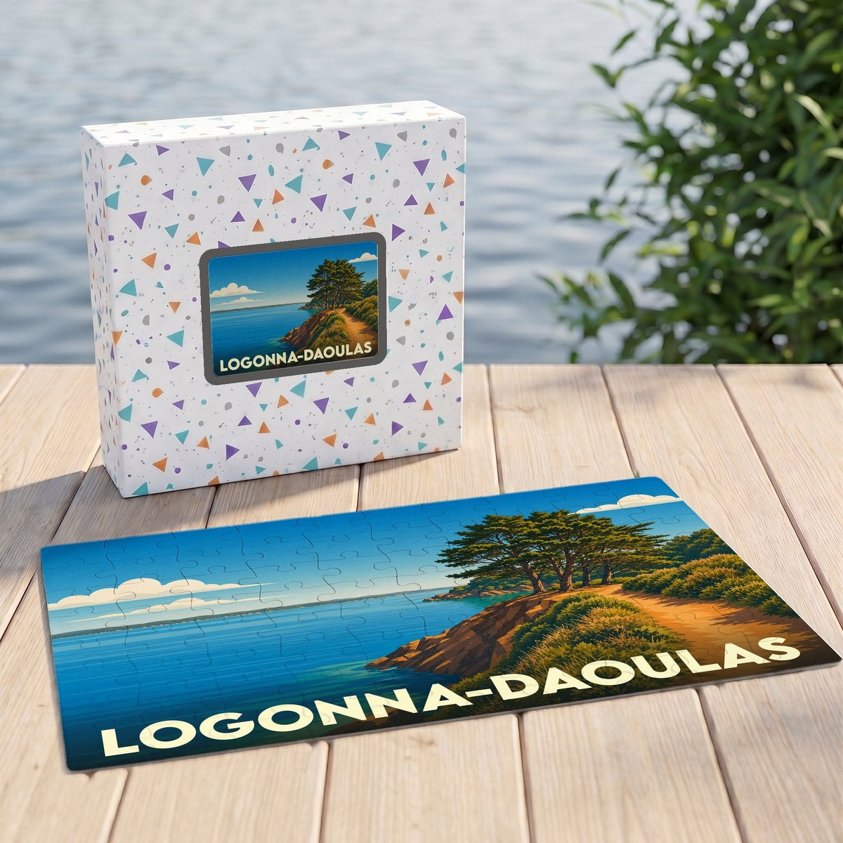 Puzzle souvenir de la ville de Logonna-Daoulas avec une illustration côtière stylisée.