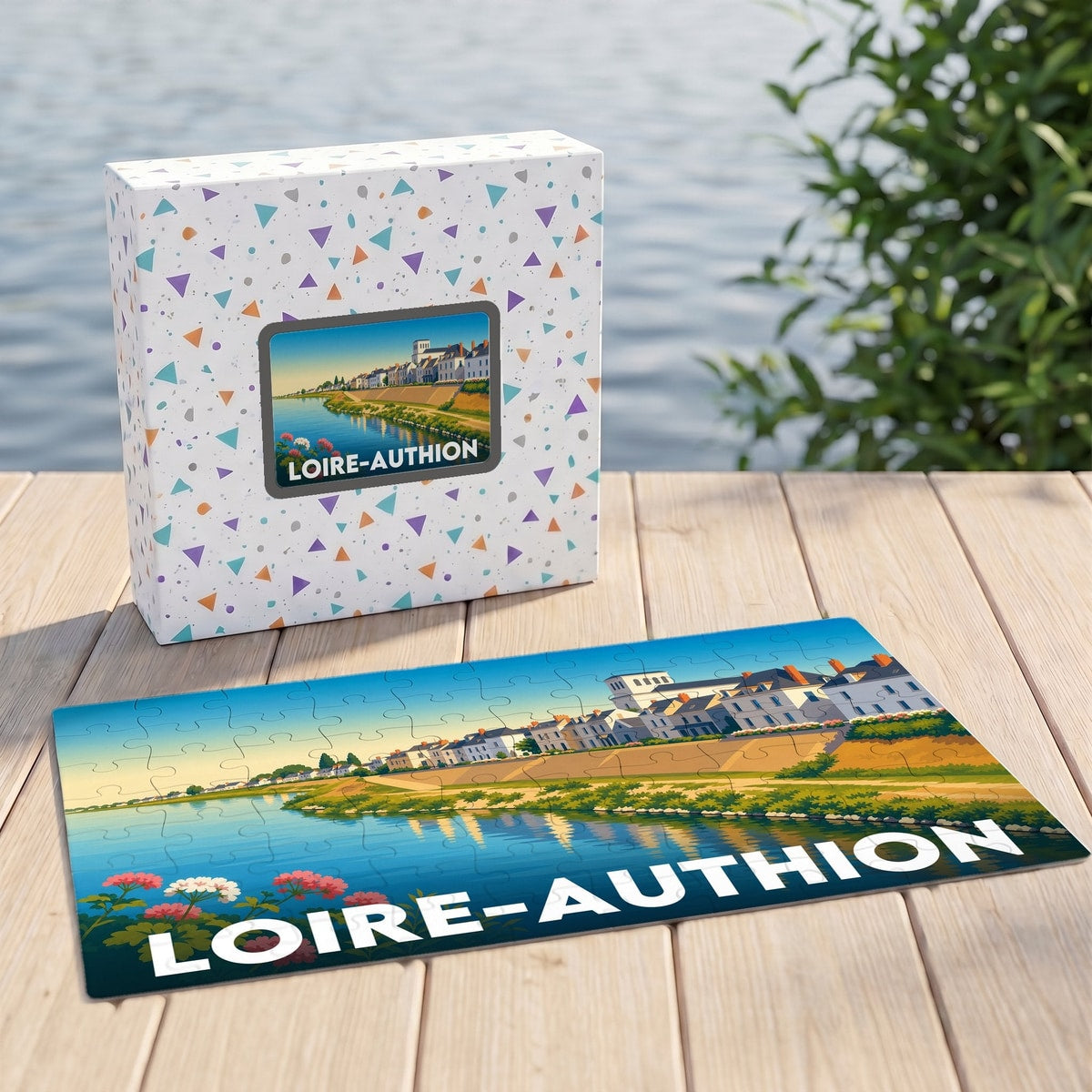 Puzzle souvenir de la ville de Loire-Authion avec une illustration stylisée d'un paysage de bord de Loire.