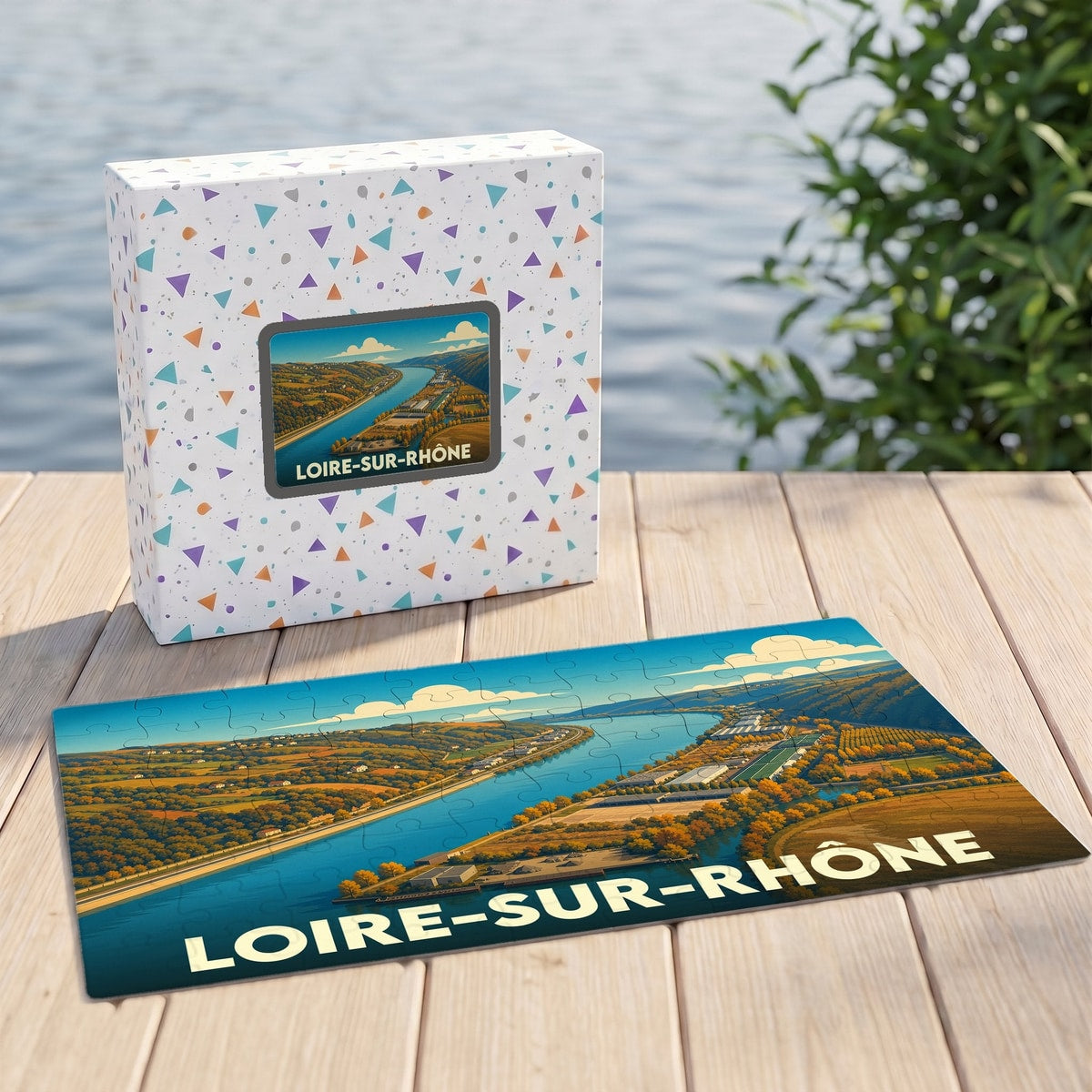 Puzzle souvenir de la ville de Loire-sur-Rhône avec une illustration paysagère stylisée.