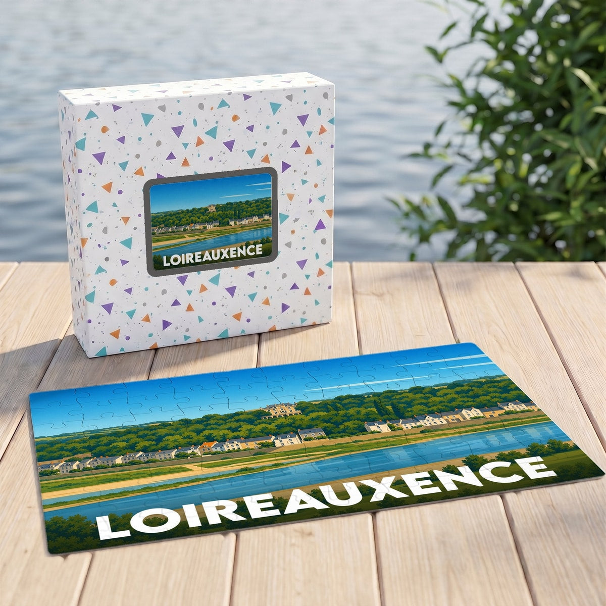 Puzzle souvenir de la ville de Loireauxence avec une illustration panoramique stylisée des bords de Loire.