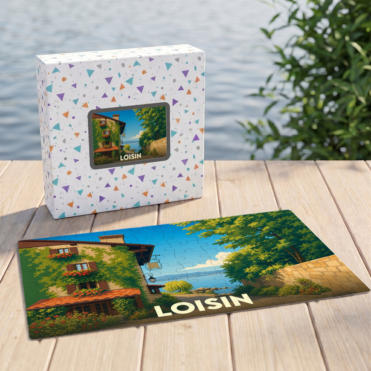 Puzzle souvenir de la ville de Loisin présentant une illustration stylisée d'un paysage lacustre.