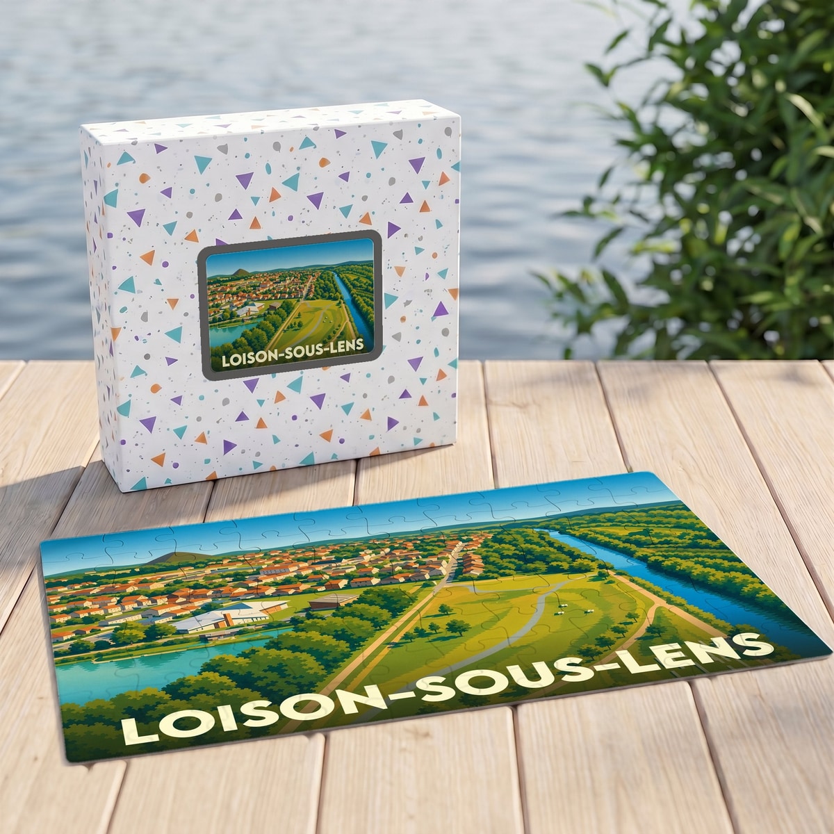 Puzzle souvenir de la ville de Loison-sous-Lens avec une illustration stylisée et colorée du paysage local.