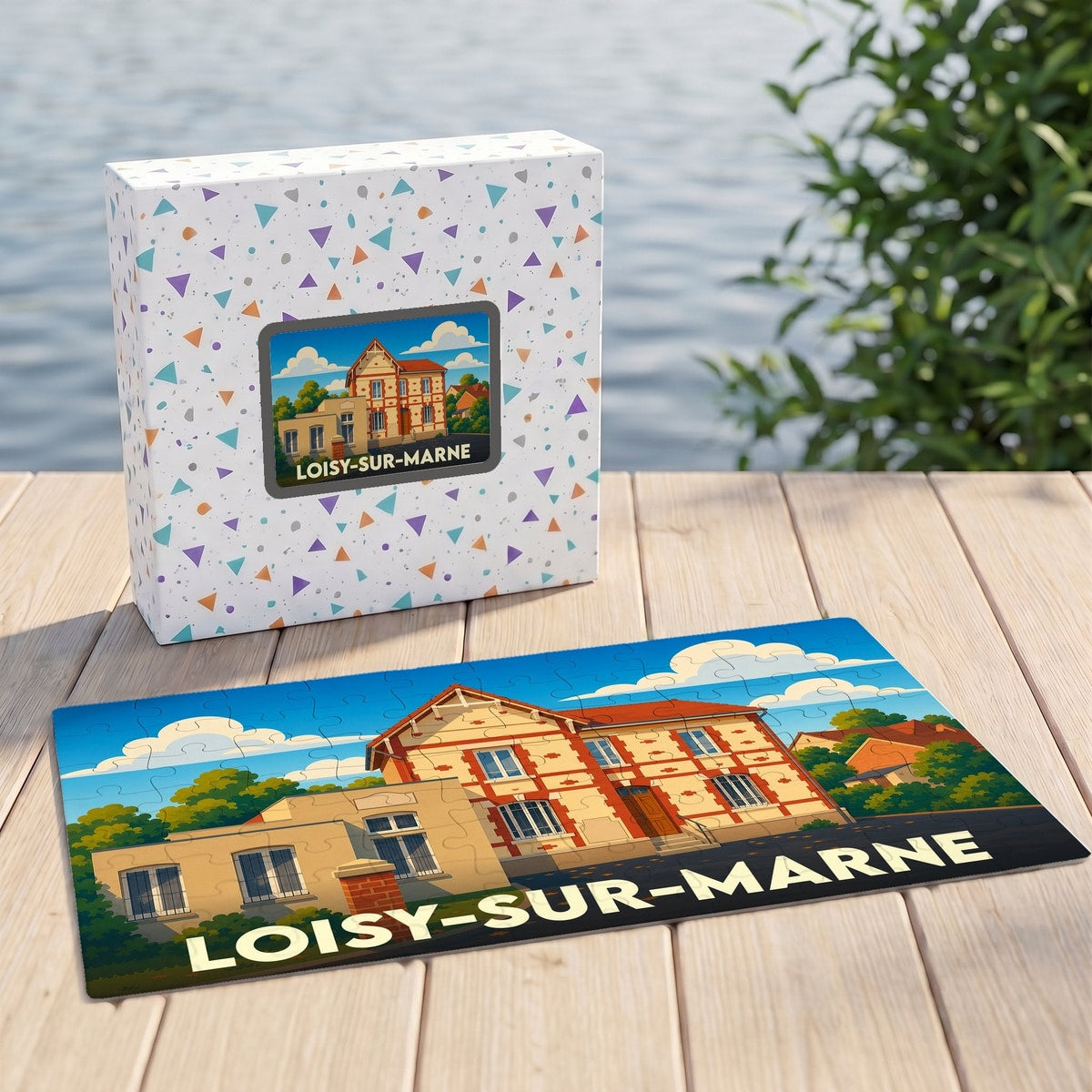 Puzzle souvenir de la ville de Loisy-sur-Marne avec une illustration stylisée et colorée.