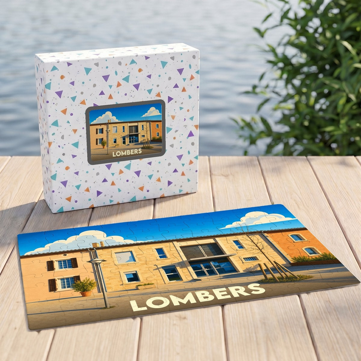 Puzzle souvenir de la ville de Lombers avec son illustration stylisée et sa boîte assortie.