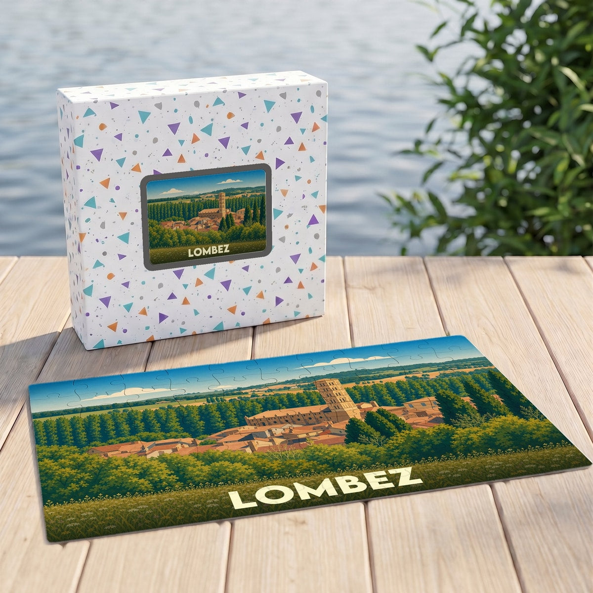 Puzzle souvenir de la ville de Lombez présentant une illustration de sa cathédrale entourée de verdure.