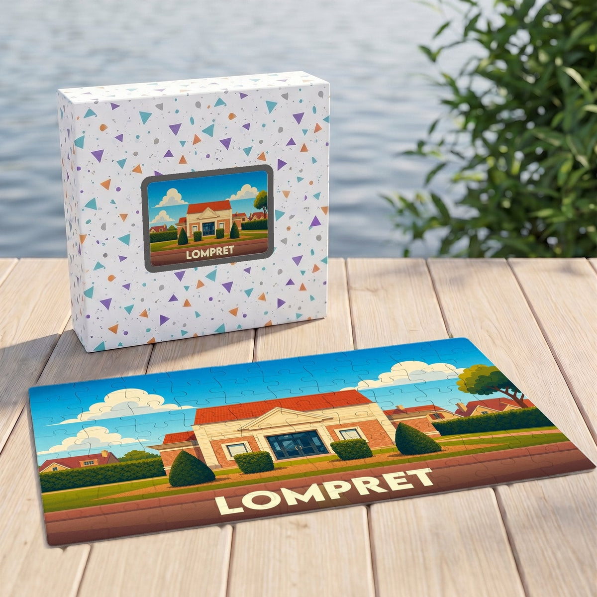 Puzzle souvenir de la ville de Lompret avec une illustration stylisée.