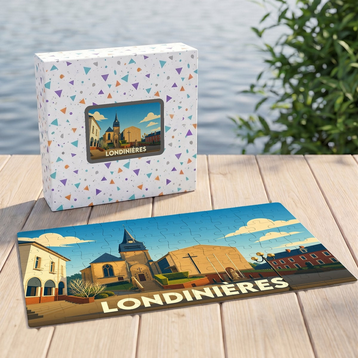 Puzzle souvenir de la ville de Londinières avec une illustration stylisée et colorée.