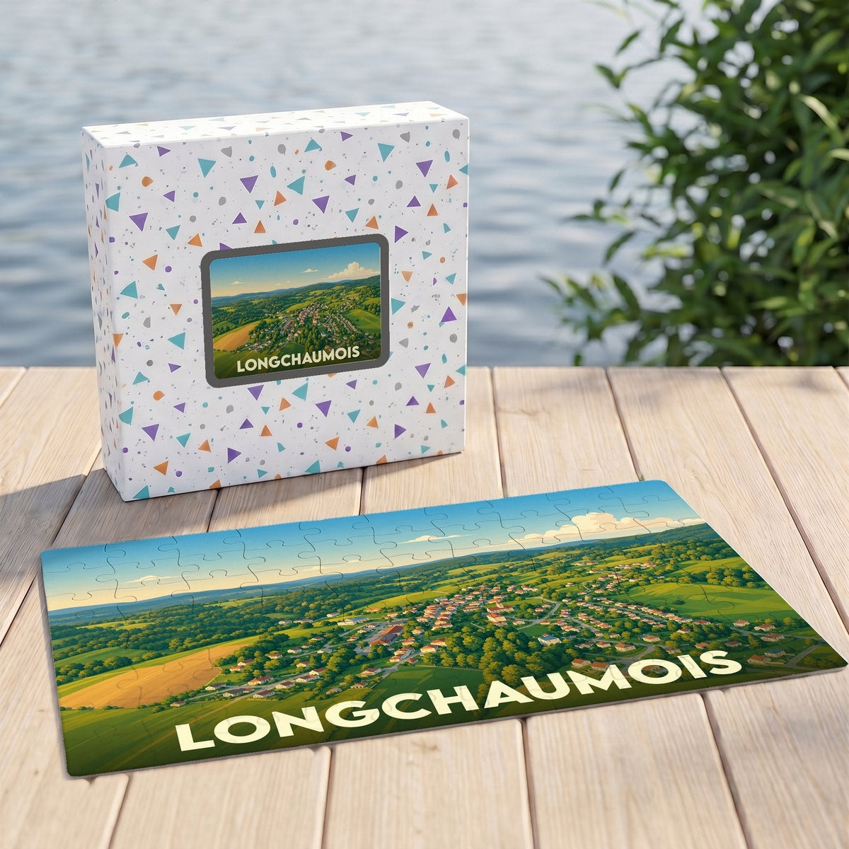 Puzzle souvenir de la ville de Longchaumois avec une illustration de paysage champêtre.