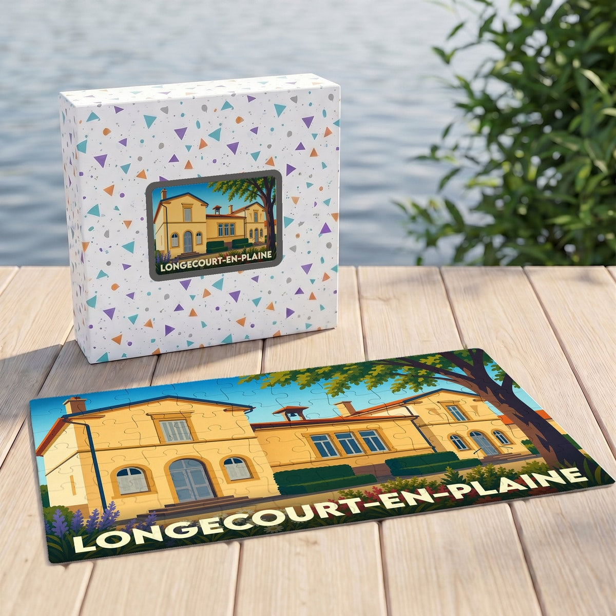 Puzzle souvenir de la commune de Longecourt-en-Plaine avec son illustration stylisée et sa boîte assortie.