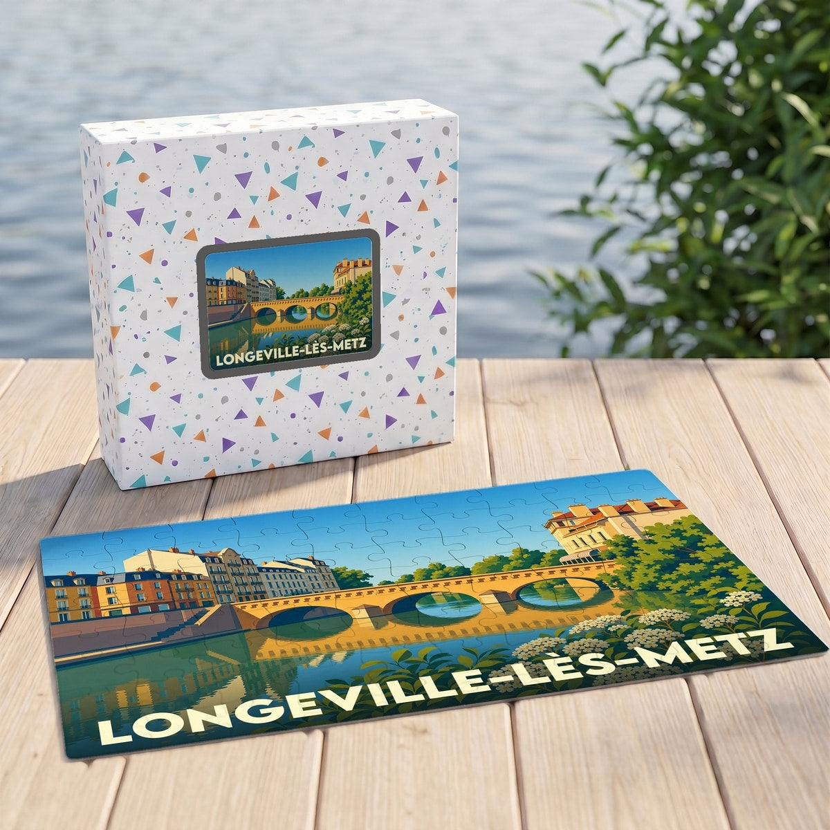 Puzzle souvenir de la ville de Longeville-lès-Metz avec une illustration stylisée de son pont et de ses quais.