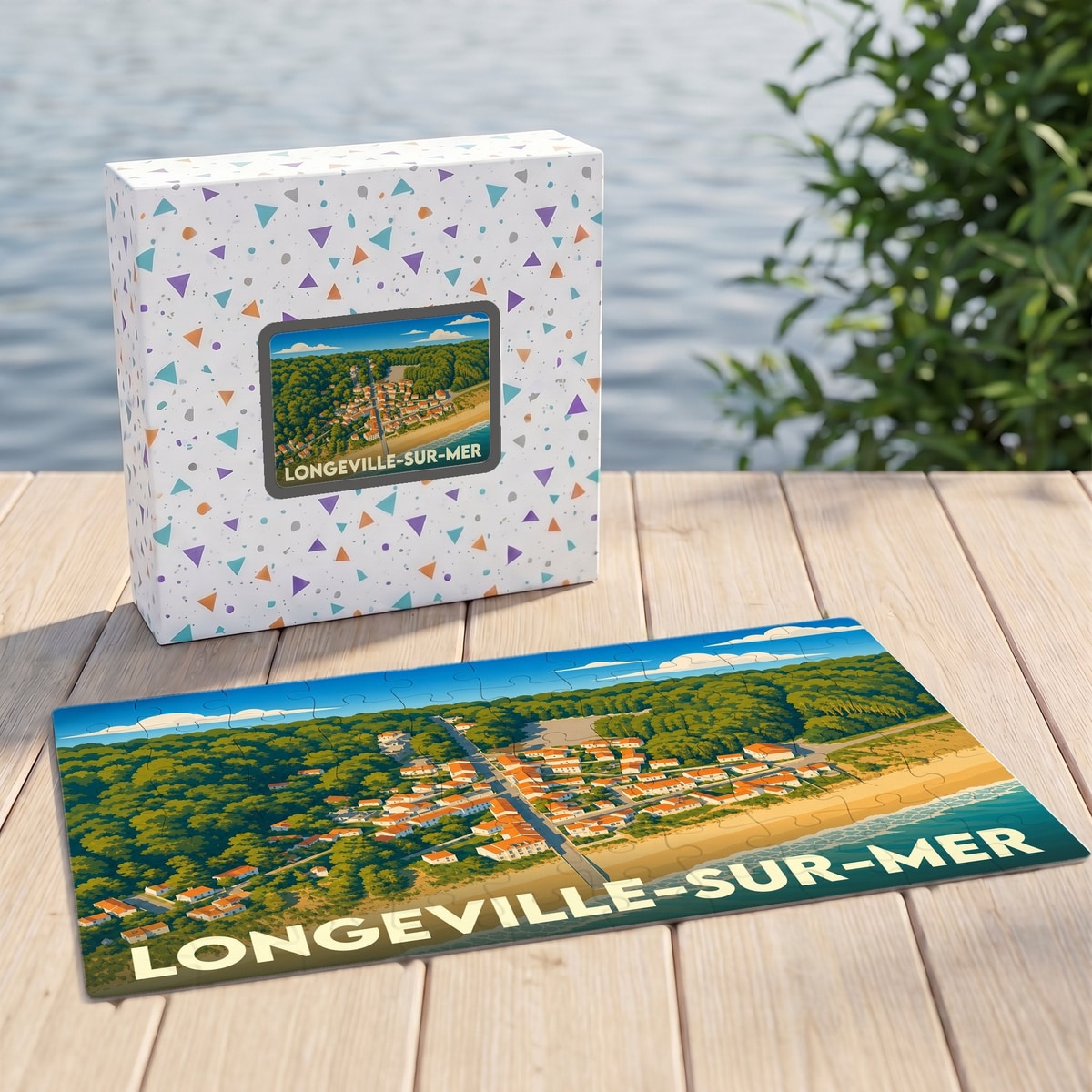Puzzle souvenir de la ville de Longeville-sur-Mer avec une illustration stylisée de son littoral.