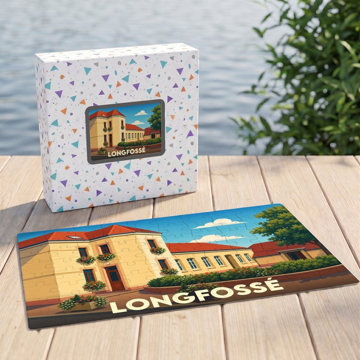 Puzzle souvenir de la ville de Longfossé avec une illustration stylisée d'un bâtiment remarquable.