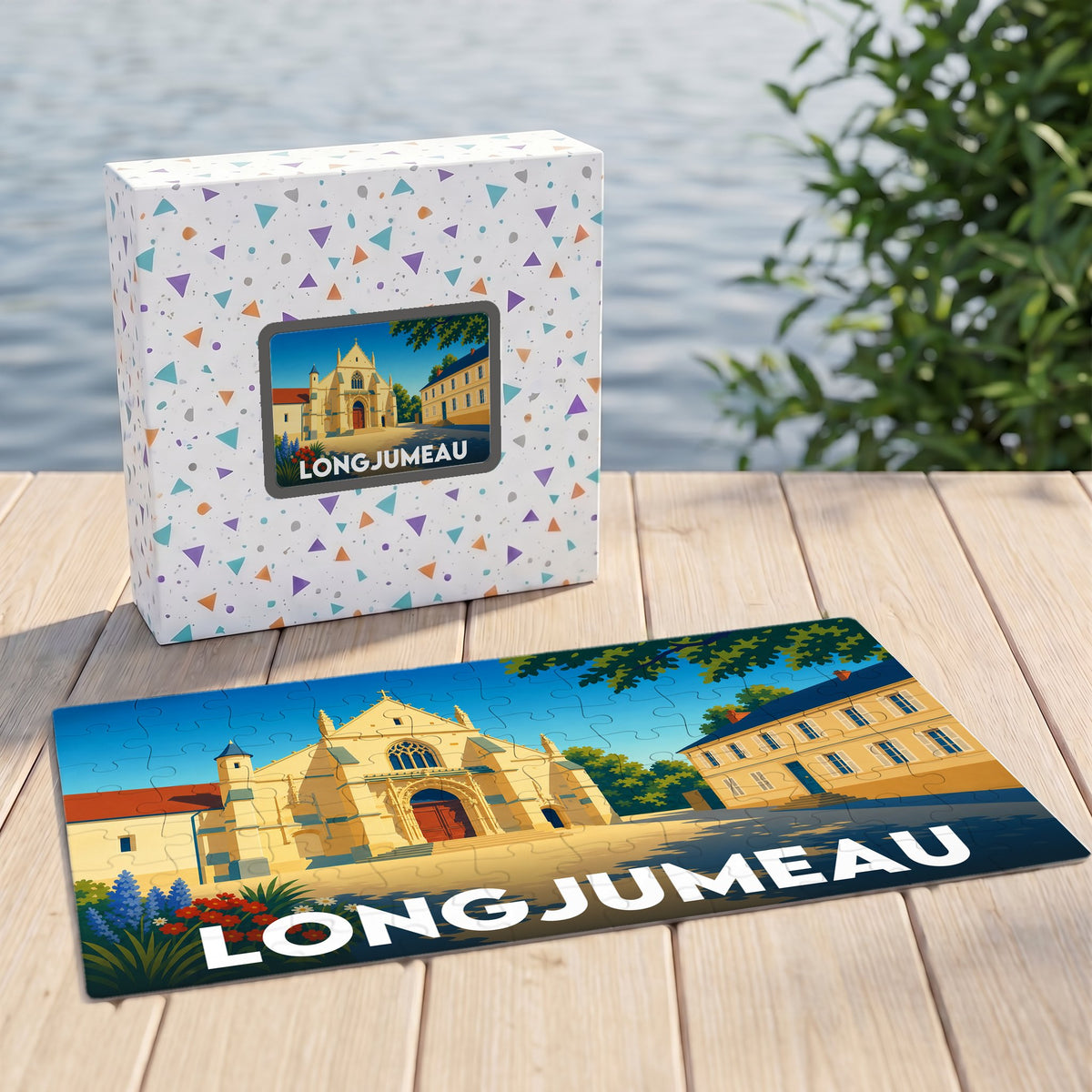 Puzzle souvenir de la ville de Longjumeau avec une illustration stylisée.