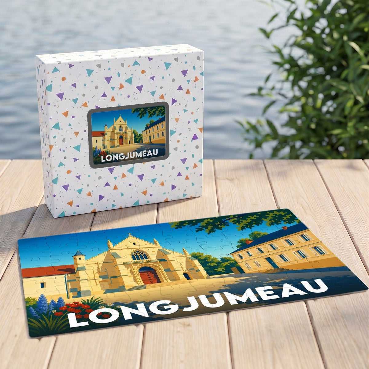 Puzzle souvenir de la ville de Longjumeau avec une illustration stylisée.