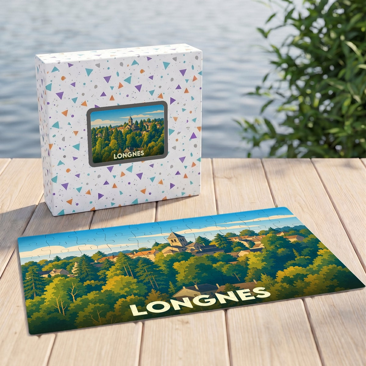 Puzzle souvenir de la ville de Longnes avec une illustration stylisée de son paysage urbain et arboré.