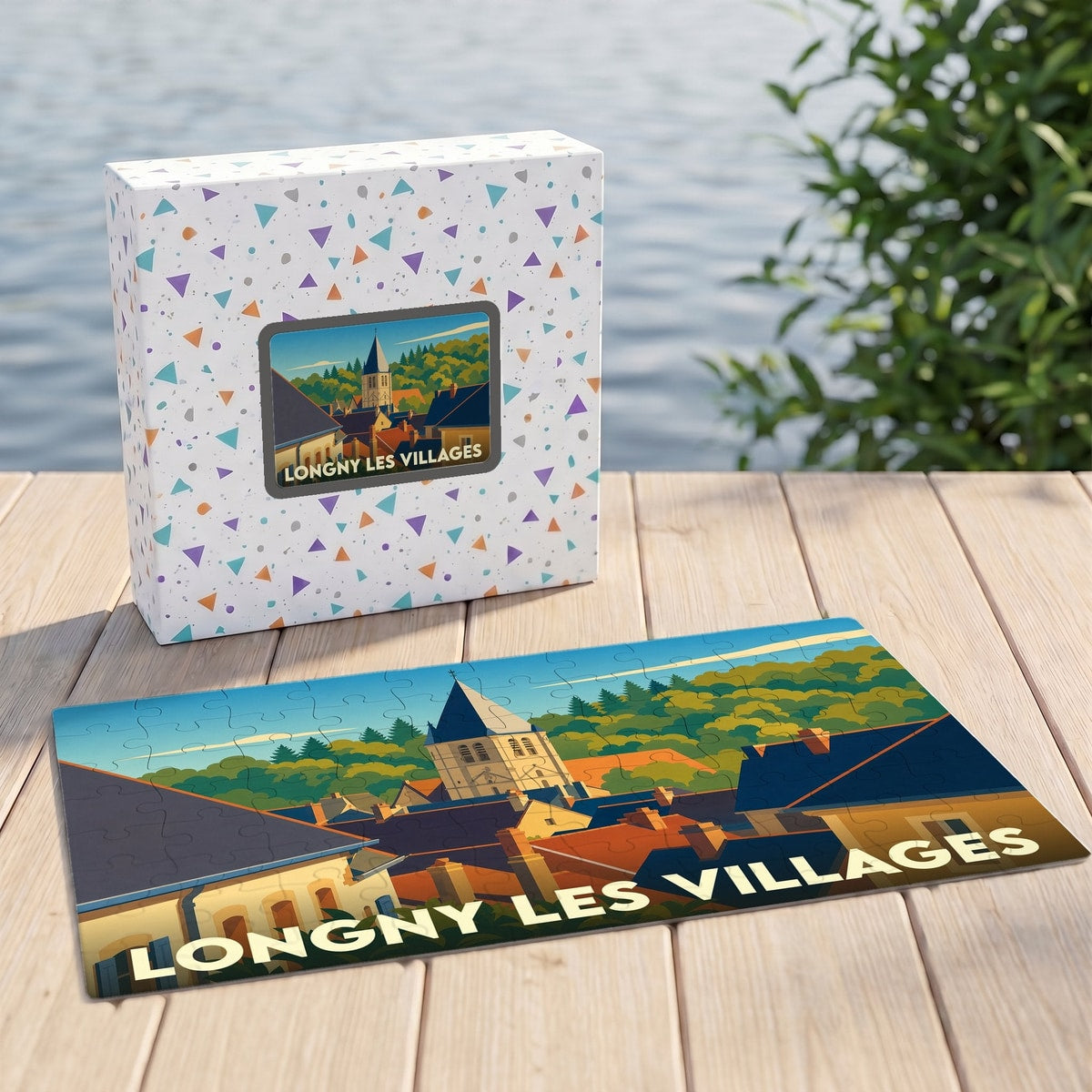 Puzzle souvenir de la ville de Longny les Villages avec une illustration stylisée et sa boîte assortie.