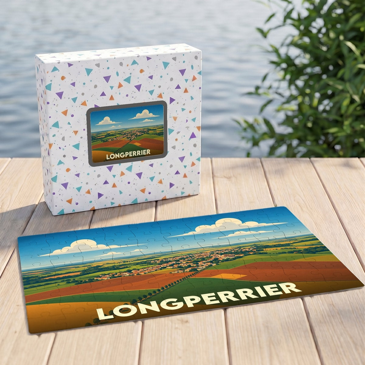 Puzzle souvenir de la ville de Longperrier représentant un paysage rural illustré avec sa boîte assortie.