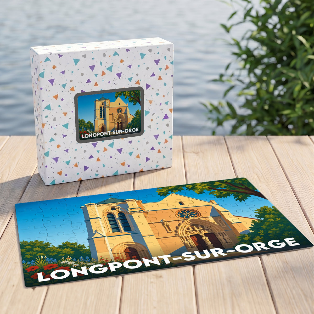 Puzzle souvenir de la ville de Longpont-sur-Orge avec une illustration stylisée de sa basilique.