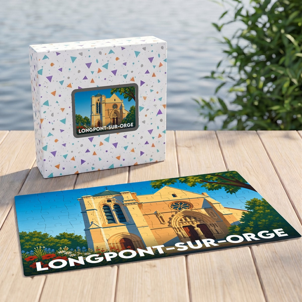 Puzzle souvenir de la ville de Longpont-sur-Orge avec une illustration stylisée de sa basilique.