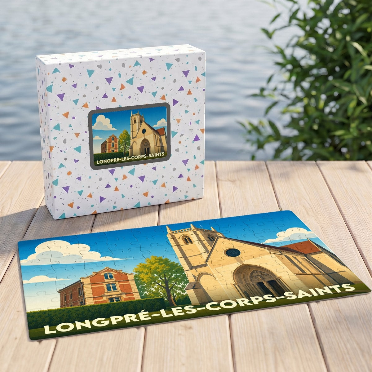 Puzzle souvenir de la ville de Longpré-les-Corps-Saints avec une illustration stylisée d'une église et de son coffret assorti.