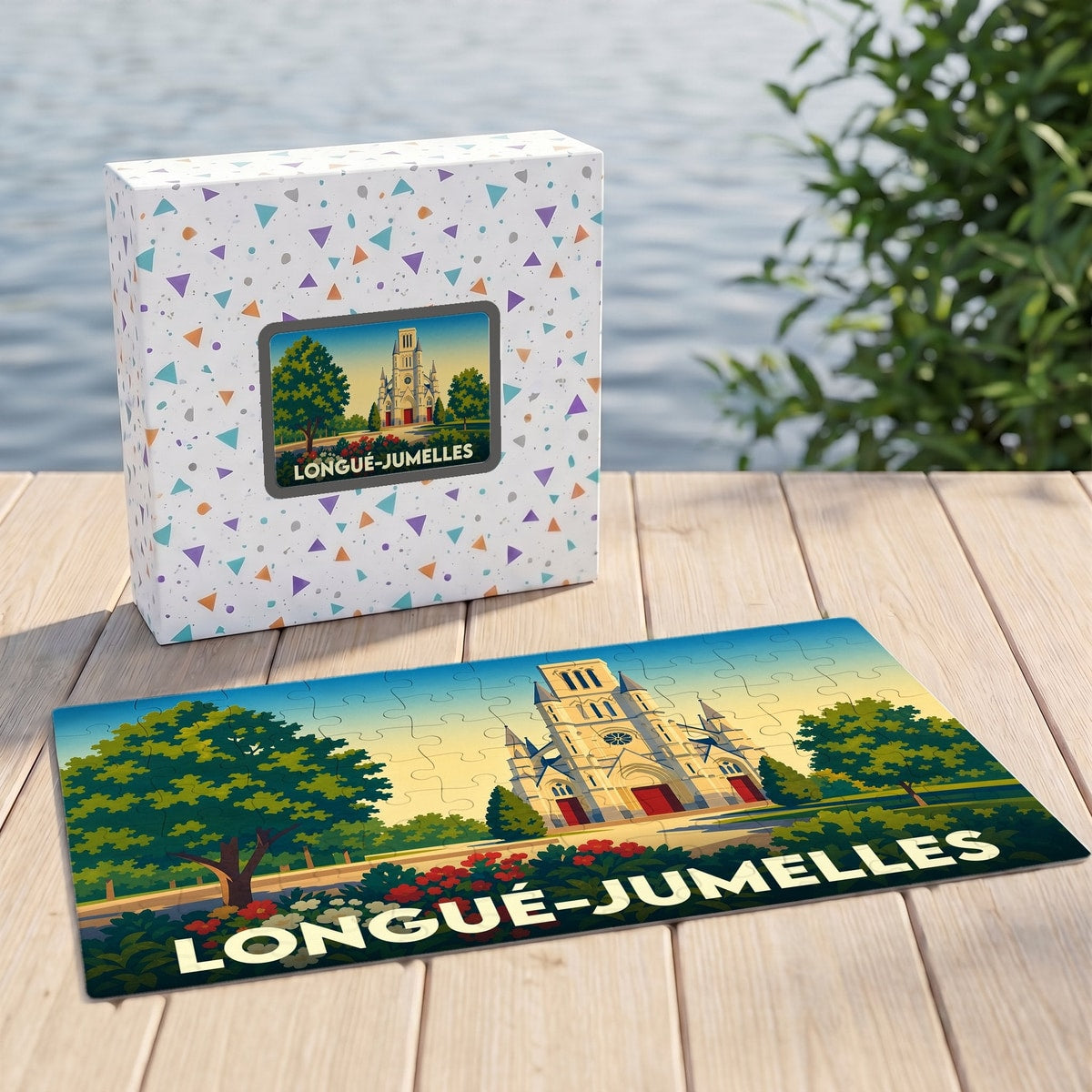 Puzzle souvenir de la ville de Longué-Jumelles avec une illustration stylisée d'une église locale.