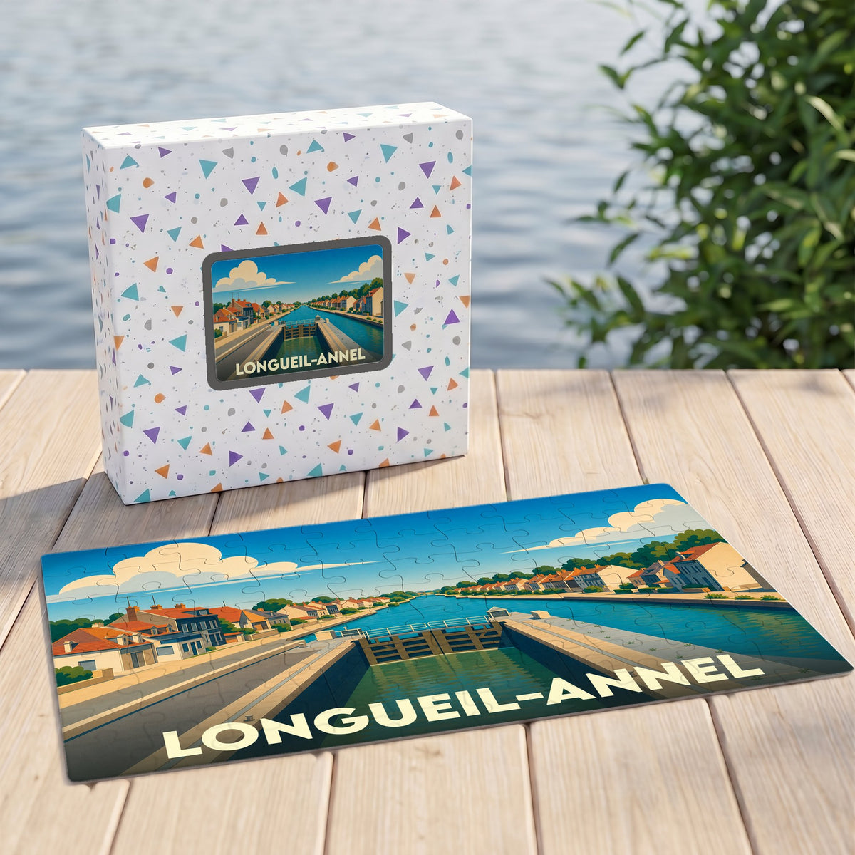 Puzzle souvenir de la ville de Longueil-Annel avec une illustration stylisée de son canal et de ses écluses.