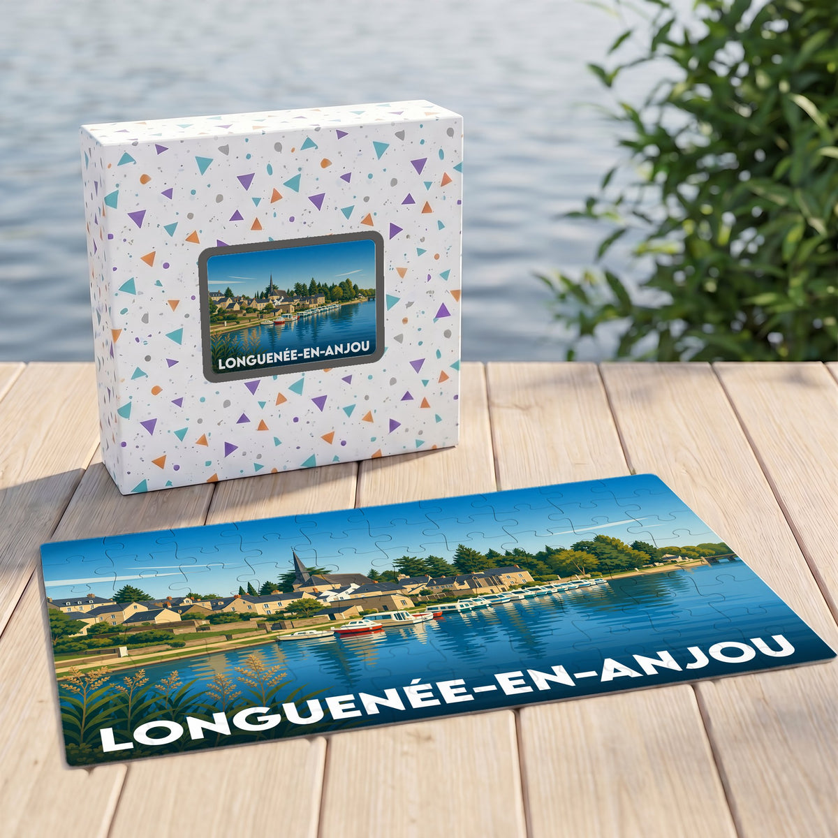 Puzzle souvenir de la ville de Longuenée-en-Anjou avec une illustration stylisée des bords de l'eau.