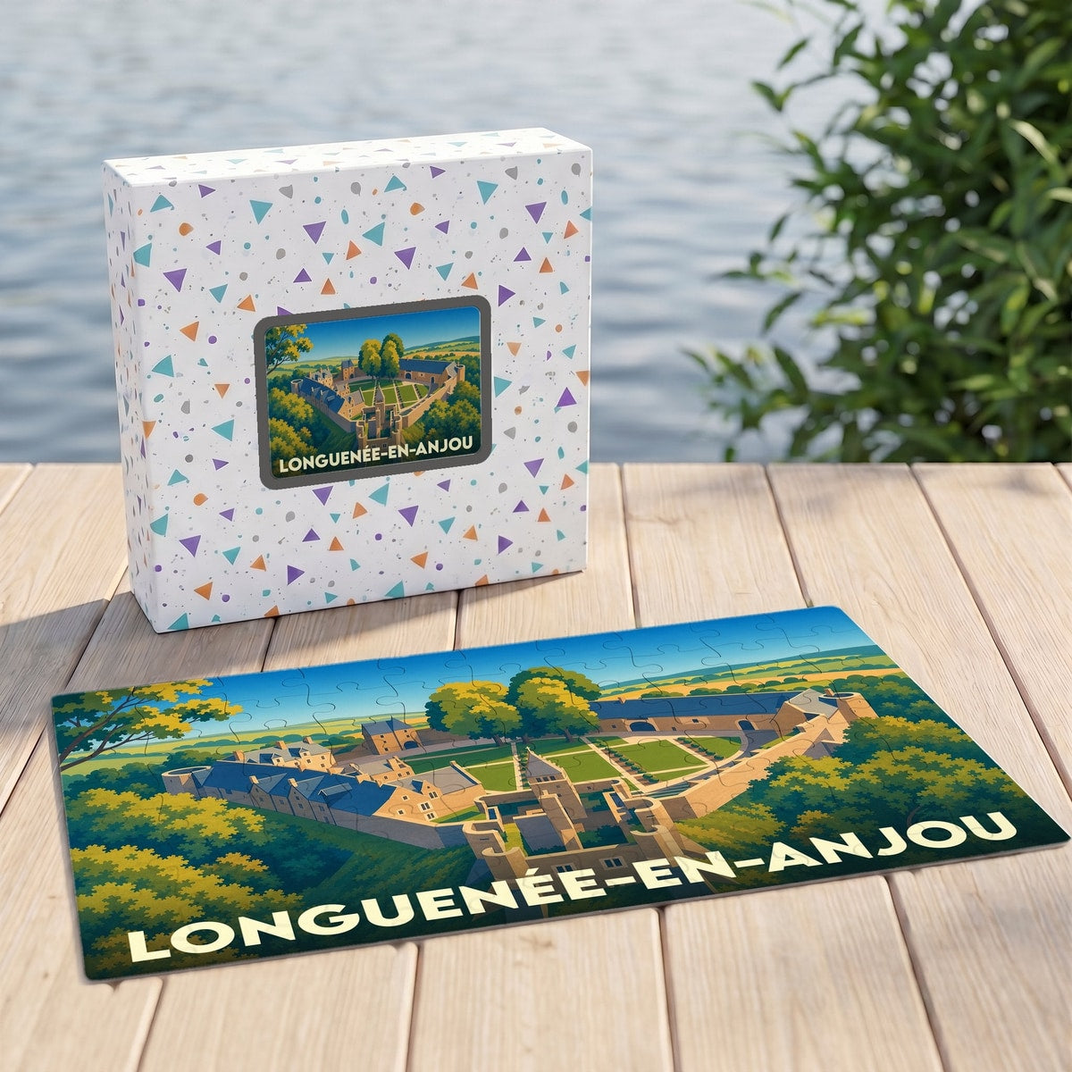Puzzle souvenir de la ville de Longuenée-en-Anjou avec une illustration stylisée d'un domaine historique.