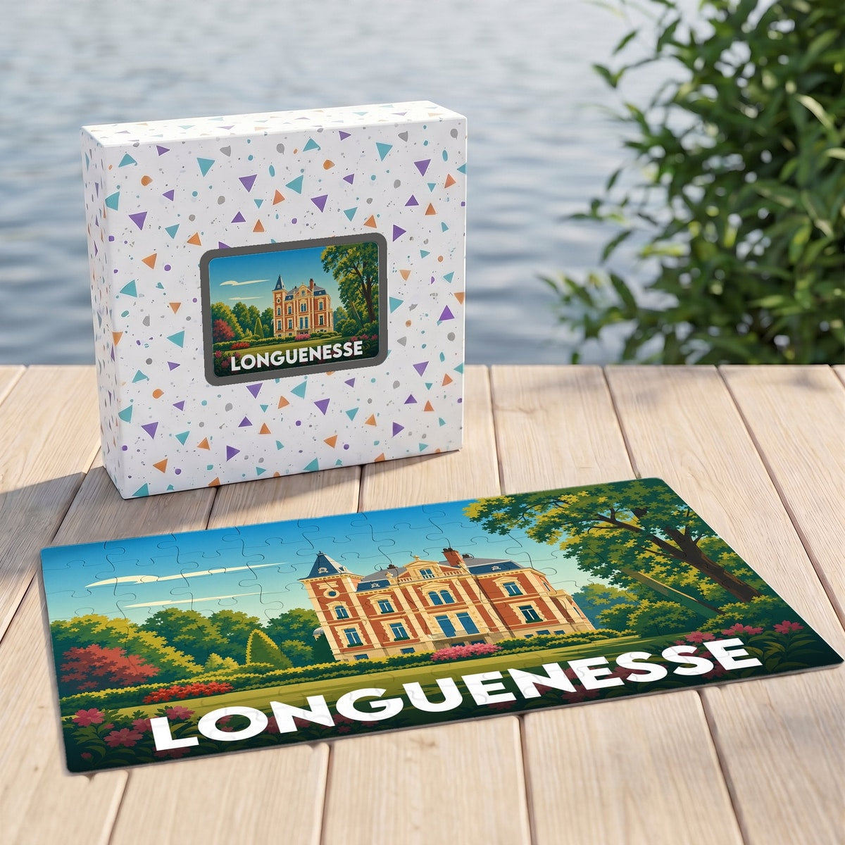 Puzzle souvenir de la ville de Longuenesse avec une illustration stylisée d'un manoir.