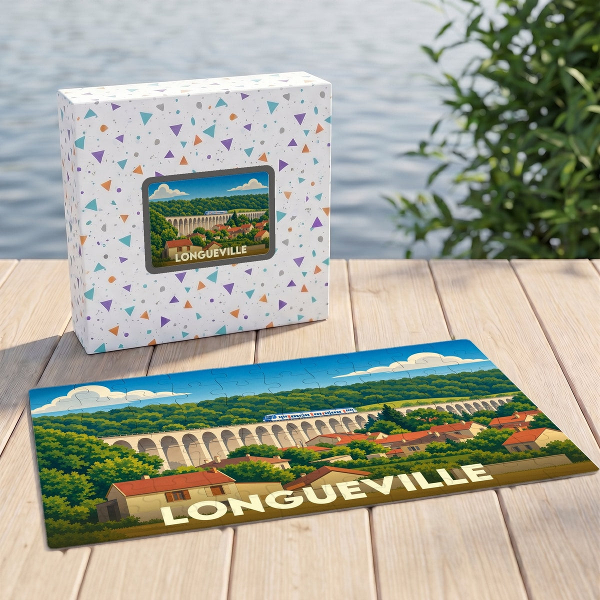 Puzzle souvenir de la ville de Longueville avec une illustration stylisée d'un viaduc et son coffret assorti.
