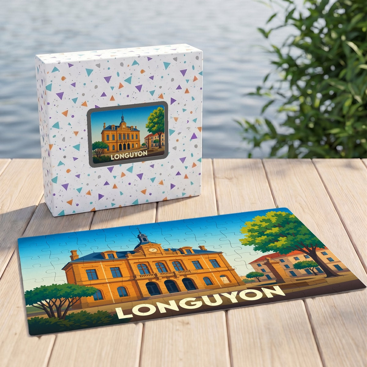Puzzle souvenir de la ville de Longuyon avec une illustration stylisée et colorée de son hôtel de ville.