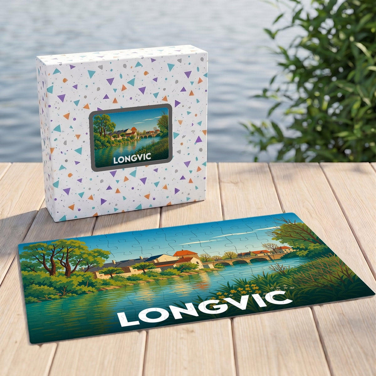 Puzzle souvenir de la ville de Longvic avec une illustration paysagère colorée.
