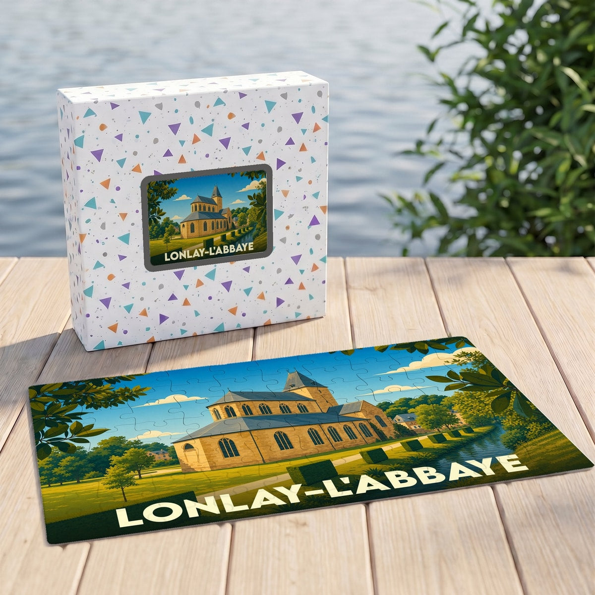 Puzzle souvenir de la ville de Lonlay-l'Abbaye avec une illustration stylisée de son église et de ses paysages.