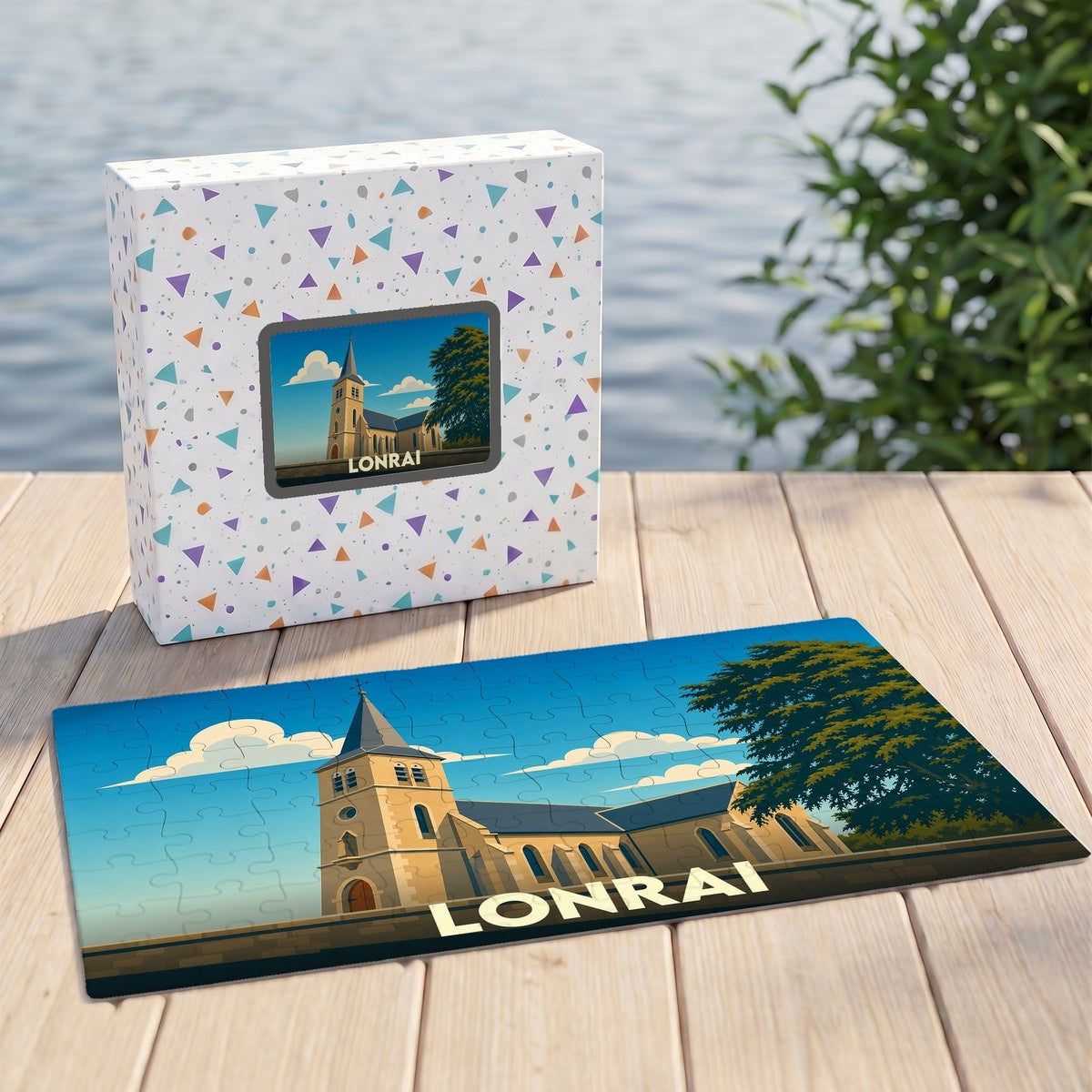 Puzzle souvenir de la ville de Lonrai avec une illustration stylisée de son église.