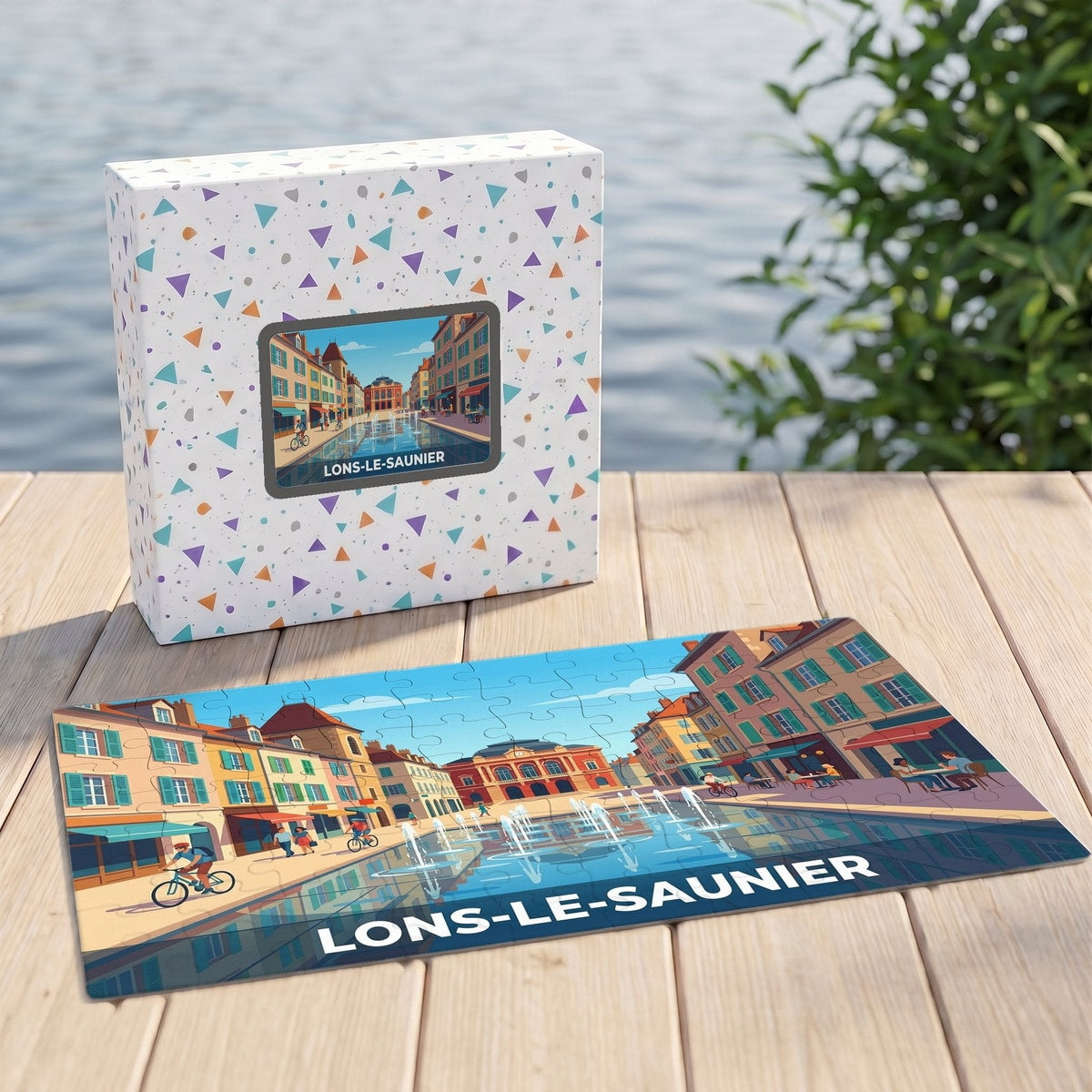 Puzzle souvenir de la ville de Lons-le-Saunier avec une illustration stylisée et colorée.