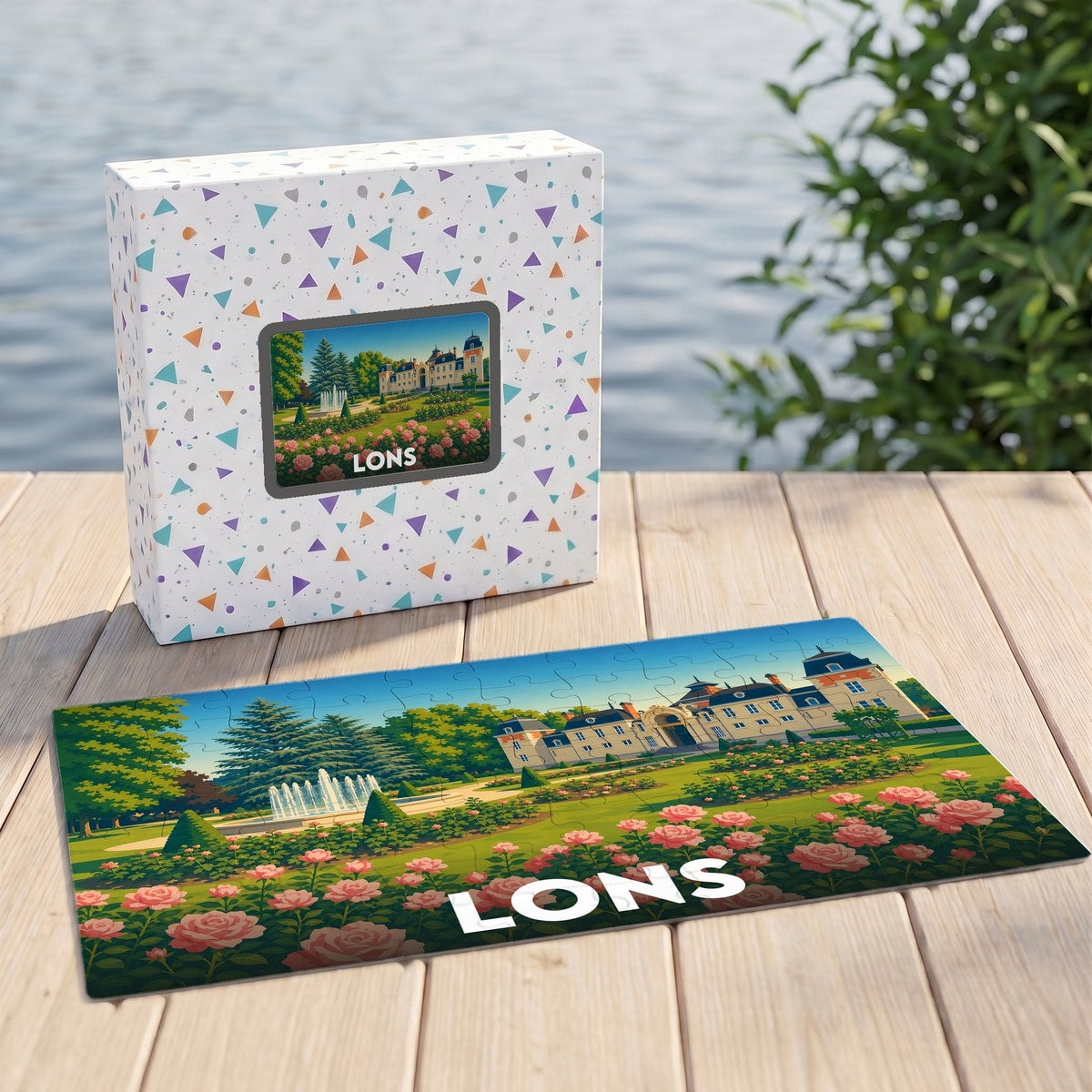 Puzzle souvenir de la ville de Lons illustré par un château et des jardins fleuris.