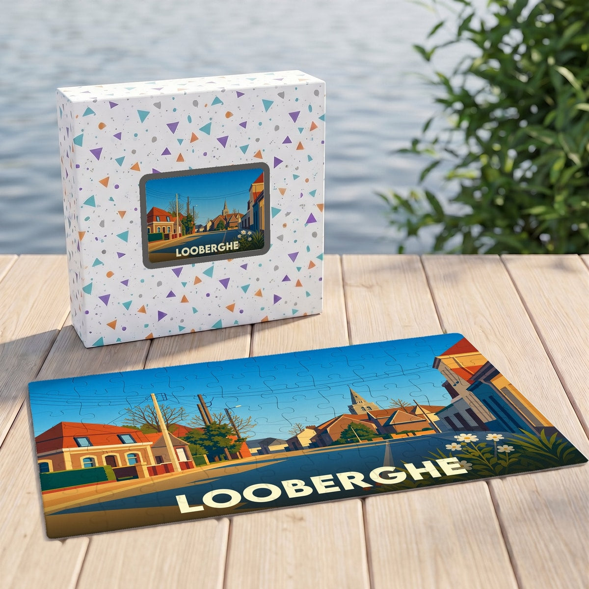 Puzzle souvenir de la ville de Looberghe avec une illustration stylisée et colorée.