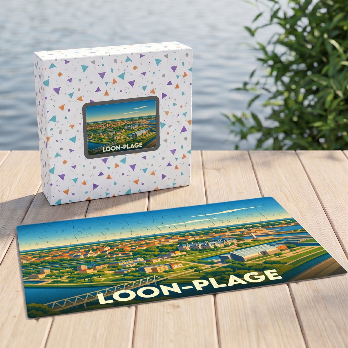 Puzzle souvenir de la ville de Loon-Plage avec une illustration panoramique stylisée.