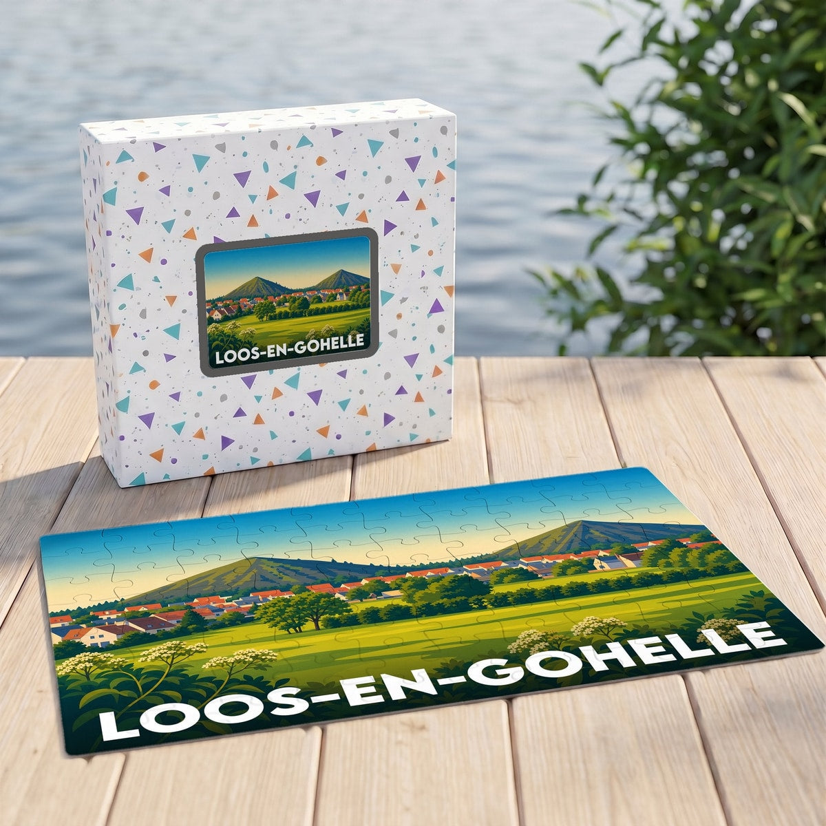Puzzle souvenir de la ville de Loos-en-Gohelle avec une illustration stylisée de son paysage et de ses terrils.