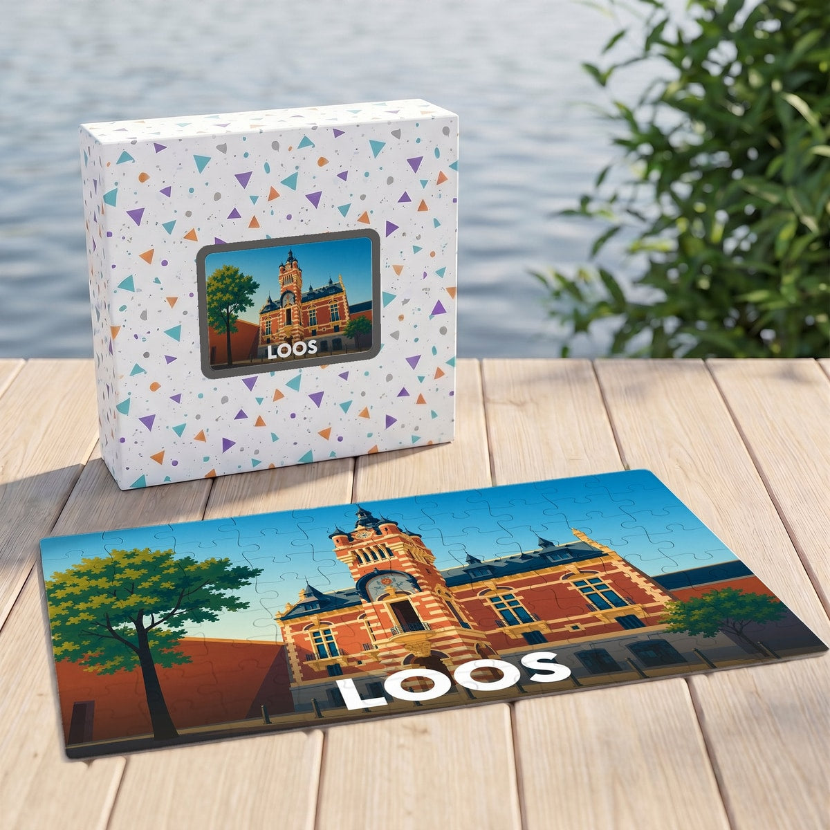 Puzzle souvenir de la ville de Loos présentant une illustration stylisée de son hôtel de ville.