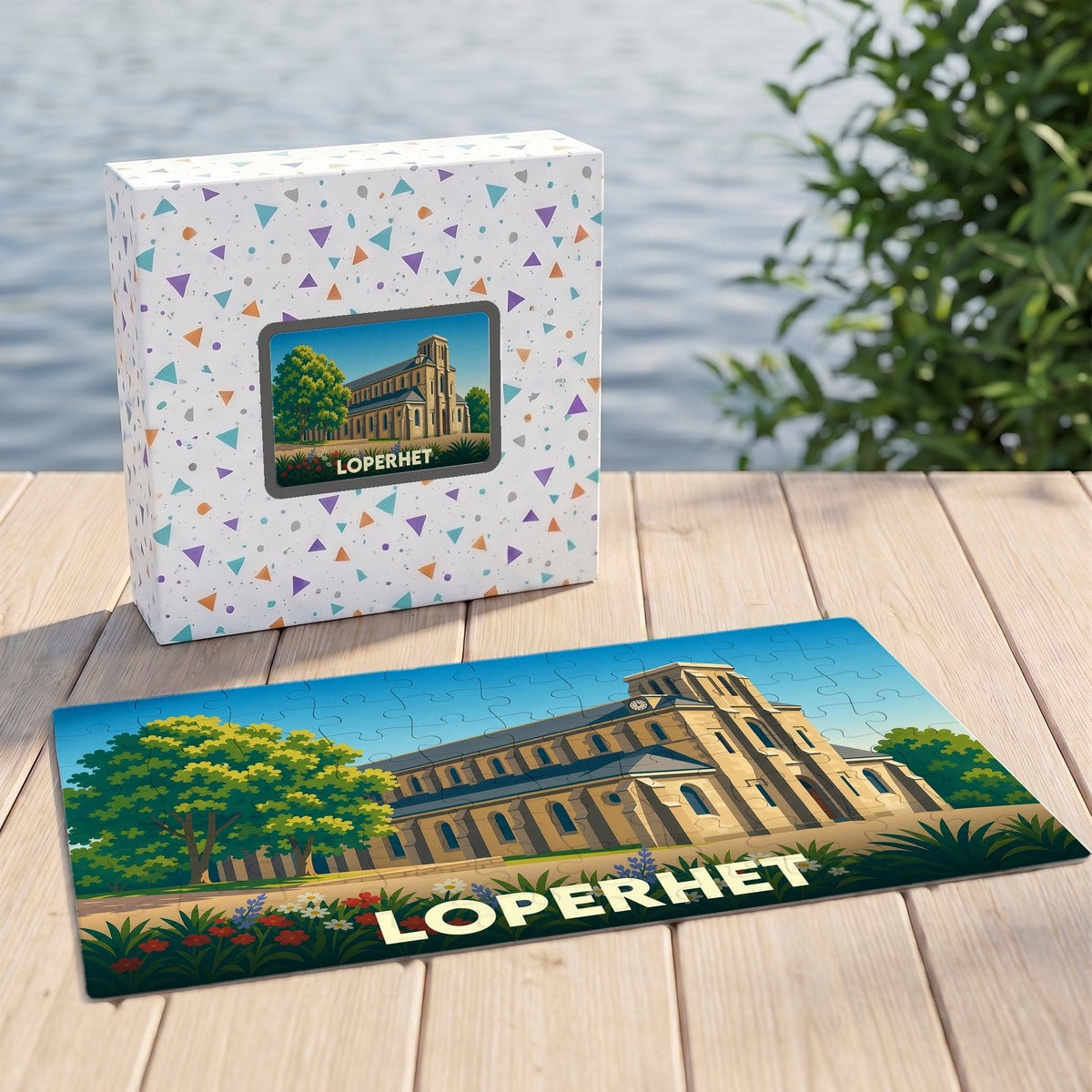 Puzzle souvenir de la ville de Loperhet avec une illustration stylisée de son église et de ses paysages.