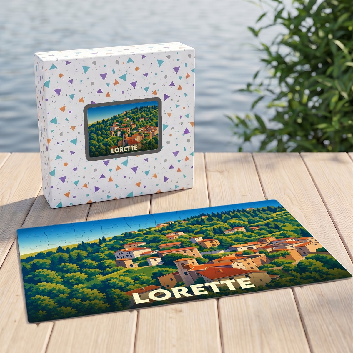 Puzzle souvenir de la ville de Lorette avec une illustration stylisée d'un village vallonné.