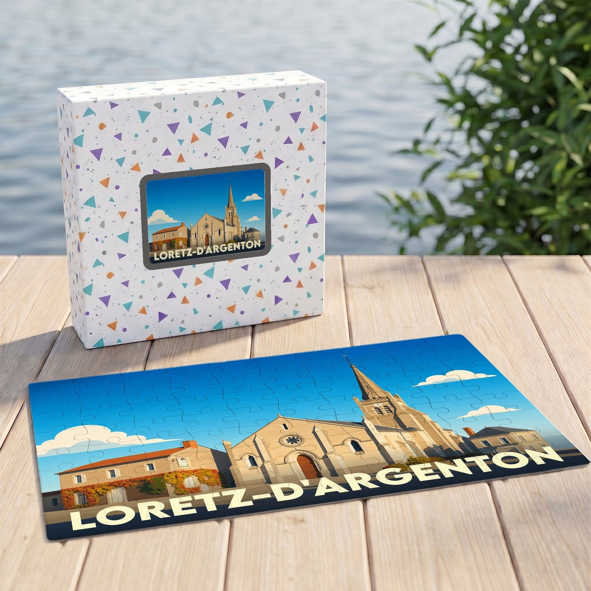 Puzzle souvenir de la ville de Loretz-d'Argenton avec une illustration stylisée de son église et de ses bâtiments.