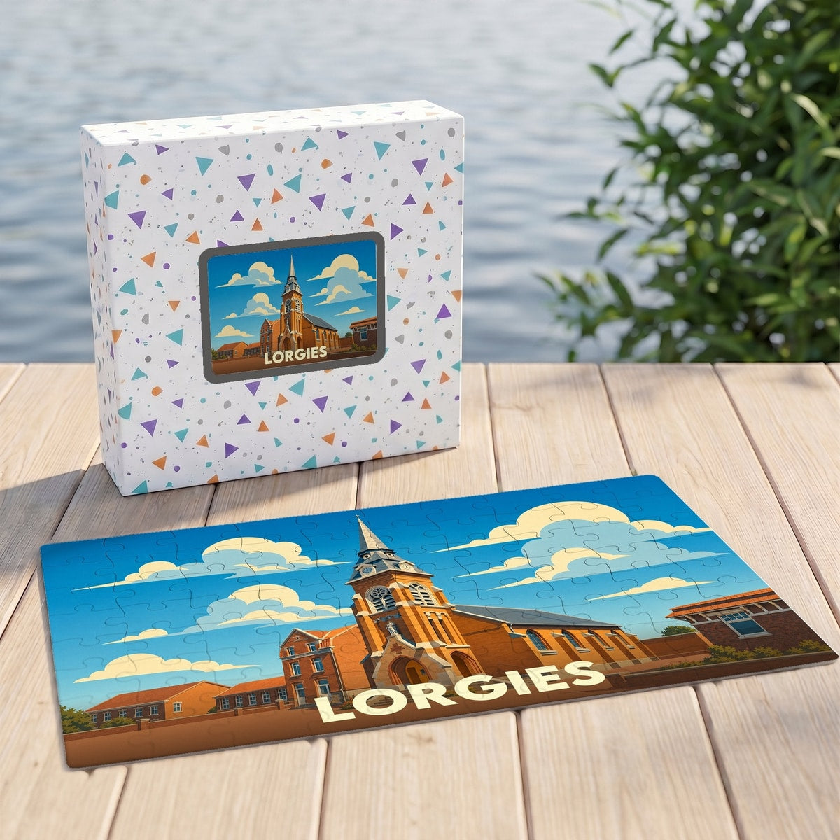 Puzzle souvenir de la ville de Lorgies avec une illustration stylisée de son église.