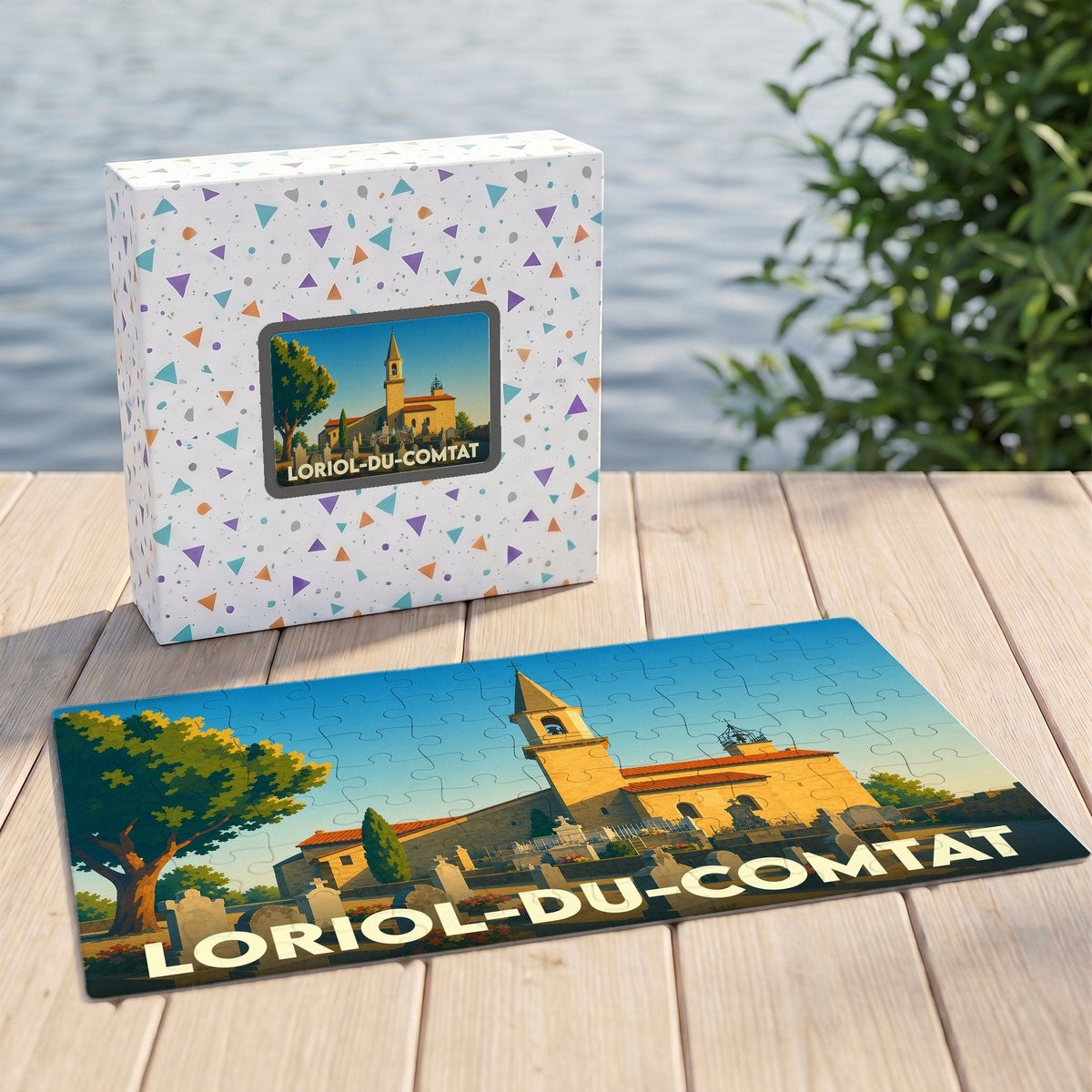 Puzzle souvenir de Loriol-du-Comtat représentant son église et ses paysages sous forme d'illustration stylisée.